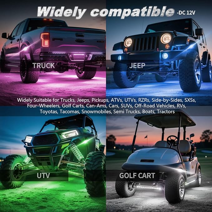 4Pods Full Angle RGB LED Rock Light Full Kit for ATV UTV RZR SXS Can-Am Four Wheeler Quad Side by Side Offroad Golf Cart with APP/RF Remote,Waterproof Multicolor Underglow Light 120Chip Music Mode 12V