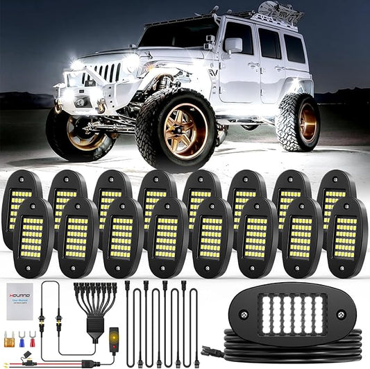 Hovano 16 Pods White Rock Light Kit with Wired Switch - 6500K Pure White LED Underglow, IP68 Waterproof, Super Bright 36 LEDs for Trailer Off Road SUV UTV ATV RZR Car