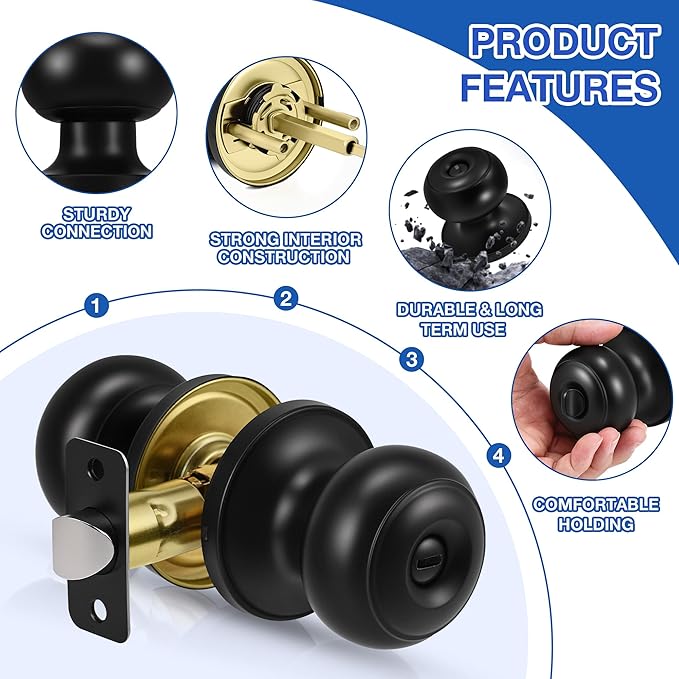 Plustool 6 Pack Matte Black Door Knobs, Privacy Door Knob with Lock, Interior Doorknobs with Round Ball, Keyless Door Lockset for Bedrooms Bathrooms
