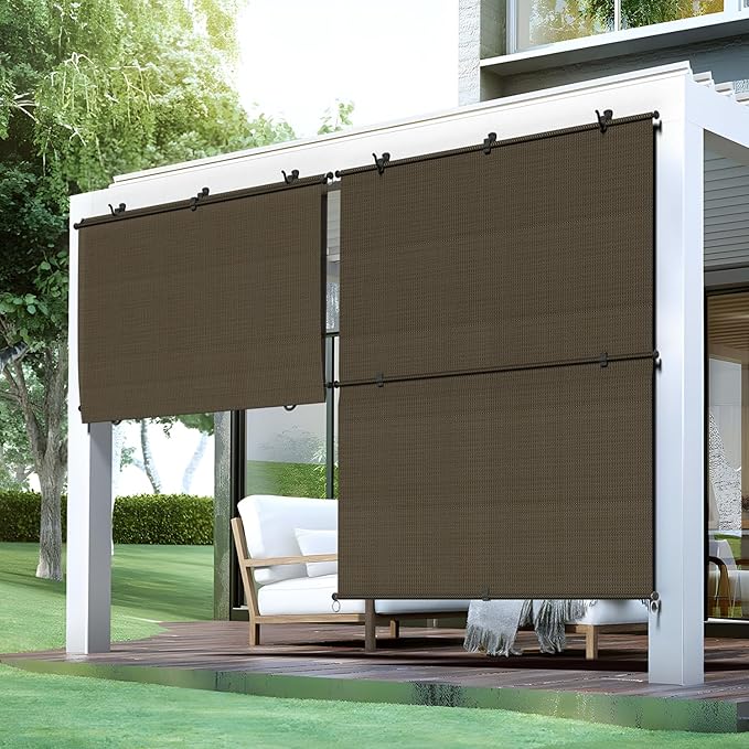 Bynbbur 7'W x 9.5'H Outdoor Patio Shades Foldable Roller Blinds, 220 GSM Sun Shade Roll Up Porch Screens Exterior Shade Cloth for Deck Pergola Backyard, Brown