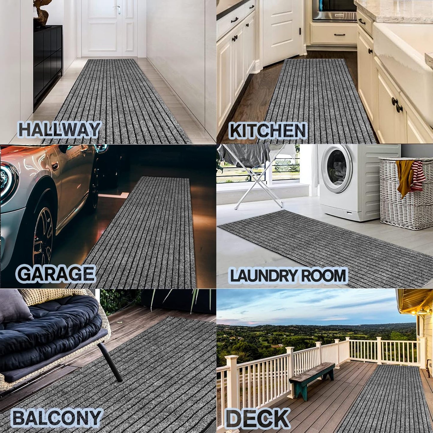 Custom Size Backed Non-Slip Area Rugs Runner, Easy Clean, Waterproof Runner Rugs for Hallway Entryway, Kitchen, Laundry, 2FT x 19FT, Gray Stripe
