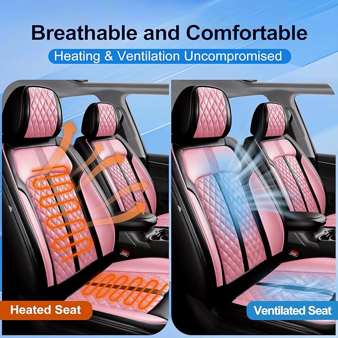 Fit Impala Car Seat Covers for Chevrolet/Chevy Impala 2000-2020, Premium Full Coverage Leather, Airbag Compatible, Waterproof All Weather Breathable Seat Protector, Full Set, Black+Pink