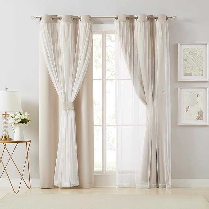 Bujasso Beige 80% Blackout Curtains with Sheer Overlay Mix and Match Double Layer Thermal Insulated Window Panels 84 inch for Living Room Bedroom Beige Drapes with Tiebacks Grommet Top 54" Wx84 Lx2