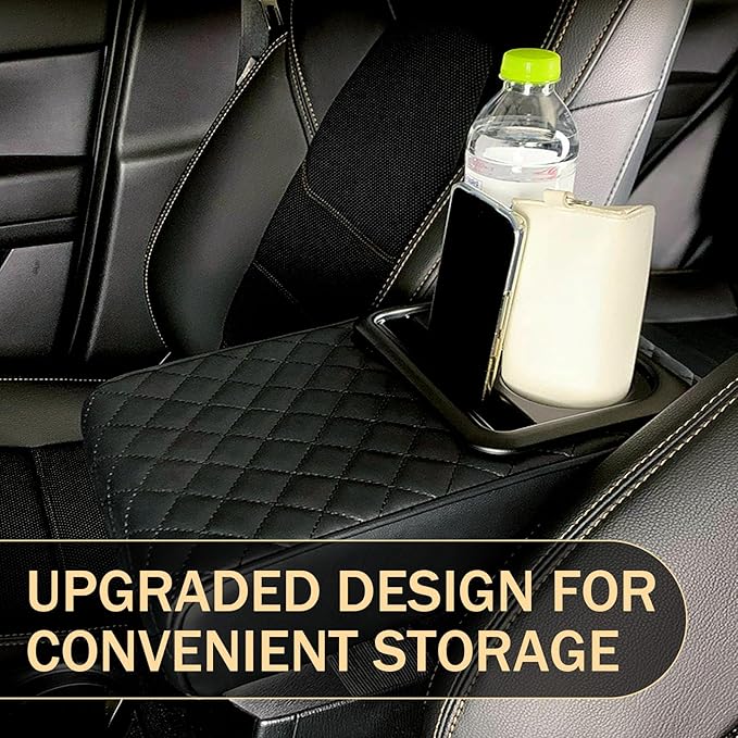 Car Center Console Armrest Pillow, 14"×8.3" Leather Memory Foam Armrest Cushion with Cup Holder & Phone Holder, Waterproof & Anti-Scratch Arm Rest Protector, Universal for Most Cars (Black)