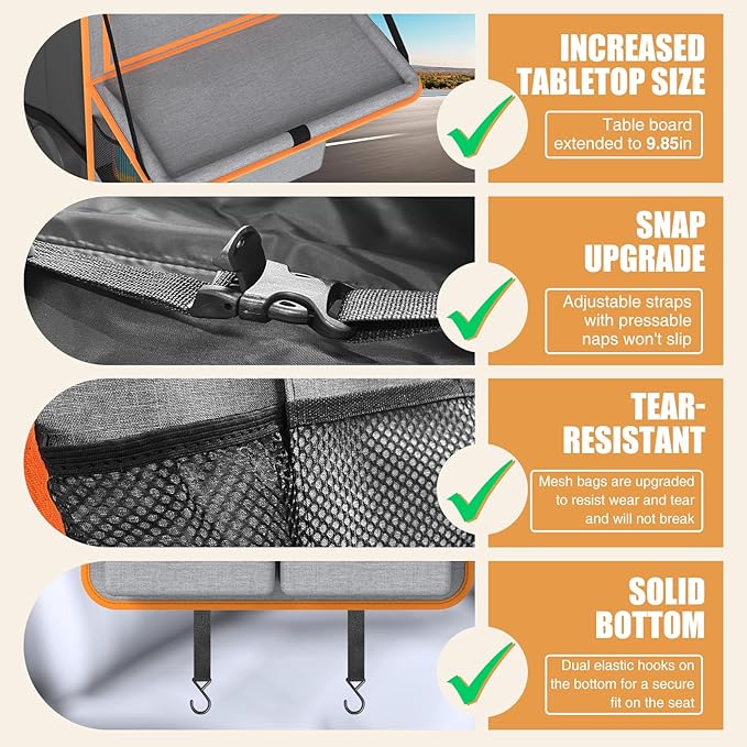 Plzpik Car Backseat Organizer with Tablet Holder,11 Storage Pockets with Foldable Food Tray, Protector Kick Mats for Kids, Travel Accessories Organizer (Orange, 2Pack with Food Tray)
