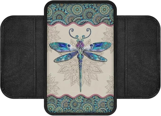 Boho Mandala Floral Dragonfly Pattern Center Console Covers for Cars Anti-Slip Car Armrest Cover Cushion Stretchy Auto Armrest Storage Box Mat Auto Center Console Cover Pad