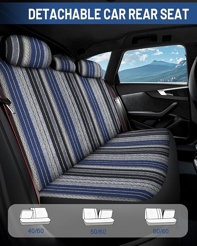 Baja Saddle Blanket Car Seat Covers Full Set with Seat Belt Pads and Steering Wheel Cover, Washable Breathable Striped Woven Cloth Seat Covers for Cars, SUV, Truck(Blue,Large)