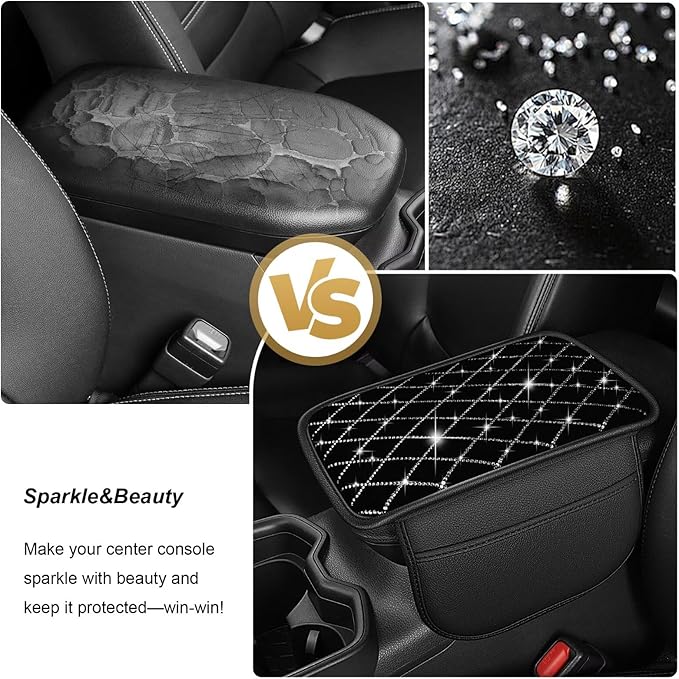 Bling Center Console Cover with 2 Side Pockets Fit for Tacoma Multi-Functional Car Armrest Cushion Diamond-Studded Rhombus Pattern Style(Black&Silver Diamond)