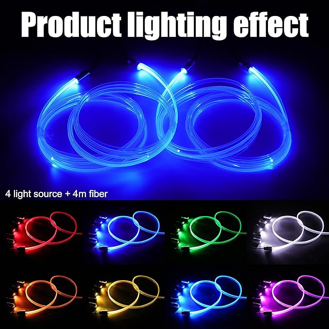 Car Atmosphere Light Kit 4m Fiber Optic RGB Multicolor Sound Active Music Sync Memory Function RF Remote Controller USB Car Interior Ambient Lighting Kit DC 12V