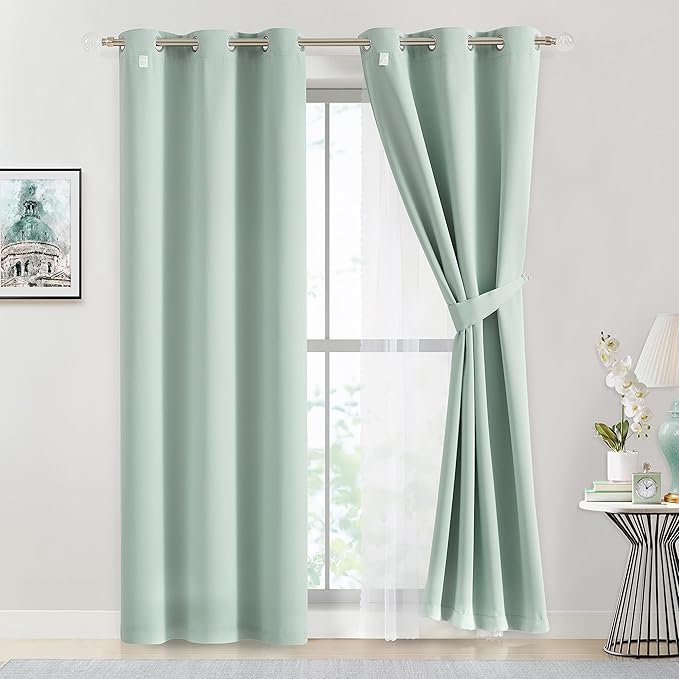 Bujasso Aqua 80% Blackout Curtains with Sheer Overlay Mix and Match Double Layer Thermal Insulated Window Panels 63 inch for Living Room Bedroom Mint Green Drapes with Tiebacks Grommet Top 37"Wx63"Lx2