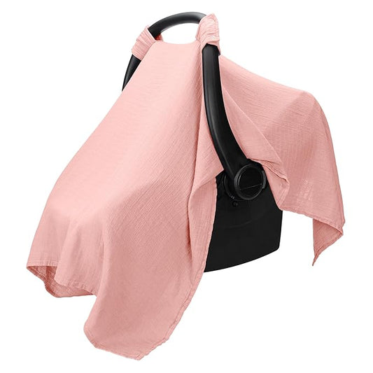 Comfy Cubs Baby Car Seat Cover - Soft, Breathable Bamboo Rayon and Muslin Cotton Blend - Lightweight Canopy for Sun, Bug, and Comfort Protection - Large Size Infant Seat Cover in Bold Blush Design