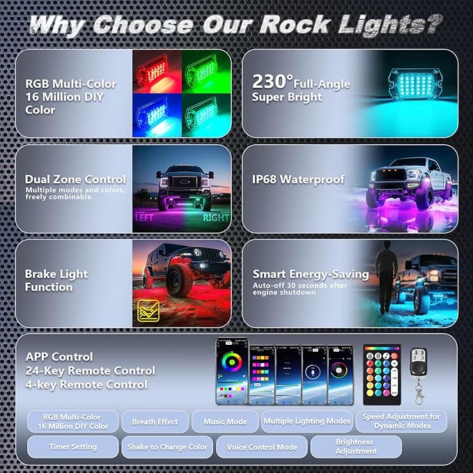 8Pods Full Angle RGB LED Rock Lights Full Kit for Jeep Trucks ATV UTV SXS RZR SUV Golf Cart Offroad Pickup, 240Chip Waterproof Multicolor Underglow Light with APP/RF Remote, Neon Underbody Accent 12V