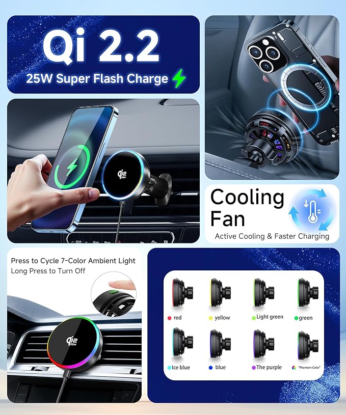Dual Cup Phone Holder for Car, Cup Mount, Holds 2 Phones Simultaneously, Qi2.2 Max 25W Fast Wireless Car Charger Phone Mount, Compatible with MagSafe ＆ All 4.0-7.0 Inch Smartphones