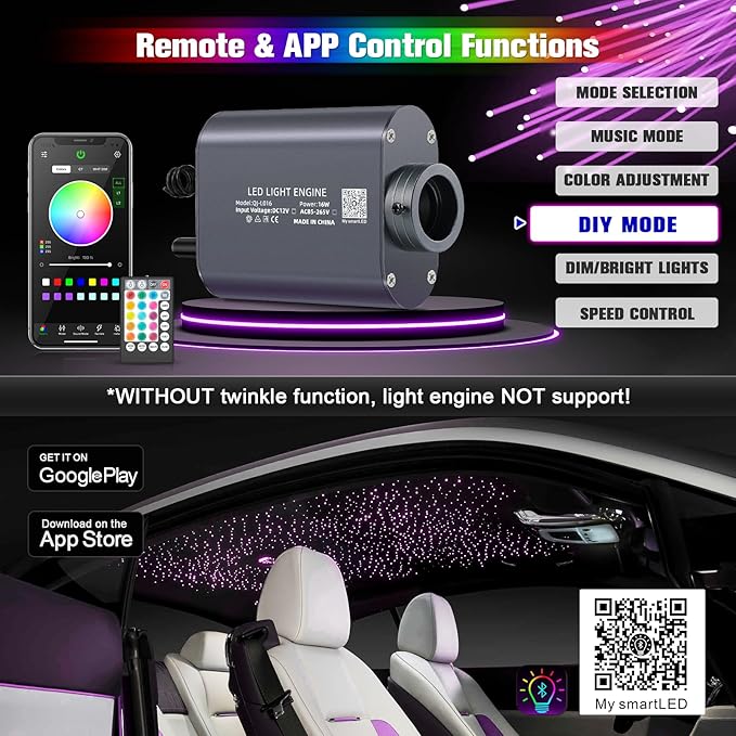 16W Starlight Headliner Kit, Star Lights for Car Roof&Home Decoration, Fiber Cable 570pcs of(0.03+0.04+0.06in)*13.1ft RGBW Star Light Headliner with Bluetooth APP/Remote/Music Mode