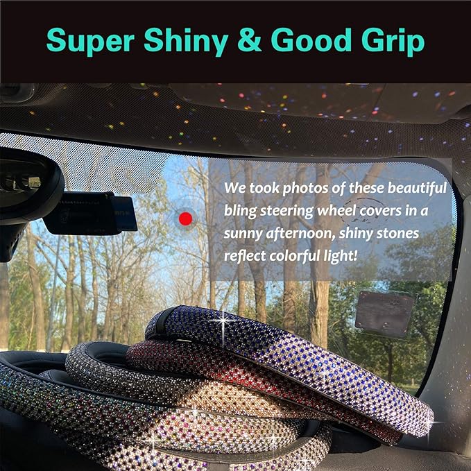 PINCTROT D Shaped Bling Comfy Steering Wheel Cover with Jumbo Crystal Rhinestones, Anti-Slip Diamond Leather, Flat Bottom 14.5-15 Inch (Gold)