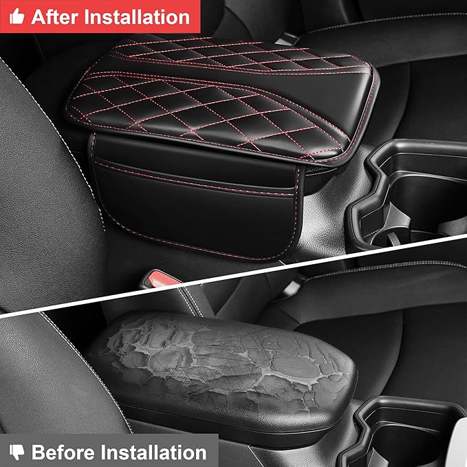 Car Center Console Cover Fit for Jeep Cherokee - Leather Armrest Covers with 2 Storage Pockets(Black&Red)