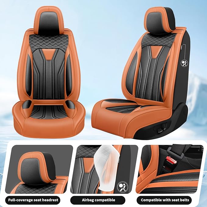 Fit Prius Car Seat Covers for Toyota Prius 2001-2025 2026 -Full Set Premium Leather, Waterproof, Breathable，All-Weather Seat Cushion Protecto & Airbag Compatible, 5-Seats Orange & Black