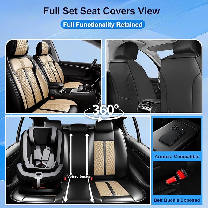 Fit CX-50 Car Seat Covers for Select Mazda CX50 2023-2026, Premium Full Coverage Leather, Airbag Compatible, Waterproof All Weather Seat Protector, Front Pair Black+Beige