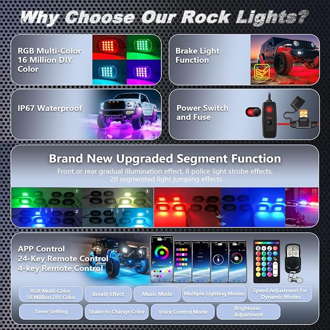 16Pods RGB LED Rock Lights Kit with APP/RF Remote Control, Segmented Multicolor Underglow Accent Light Exterior Music Mode Waterproof 12V for Trucks Pickup Jeep Gladiator Off-Road
