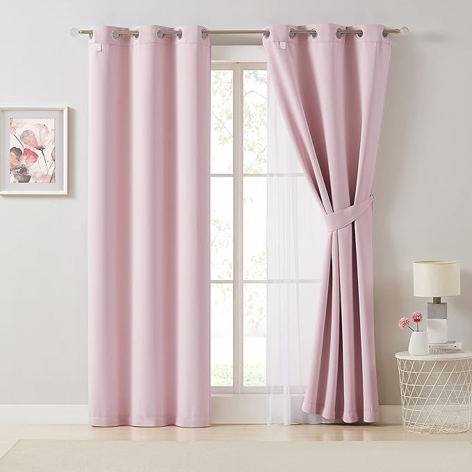 Bujasso Pink Blackout Curtains with Sheer Overlay Mix and Match Double Layer 80% Room Darkening Window Treatment Set for Girls Bedroom Living Room Pink Drapes with Tiebacks Grommet Top 54" Wx90 Lx2