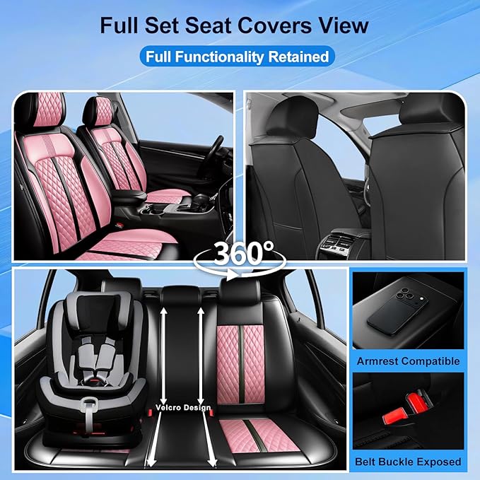 Fit Mazda 6 Car Seat Covers for Select Mazda 6 2007-2021, Premium Full Coverage Leather, Airbag Compatible, Luxury Waterproof All Weather Seat Cushion Protector, Front Pair Black+Pink