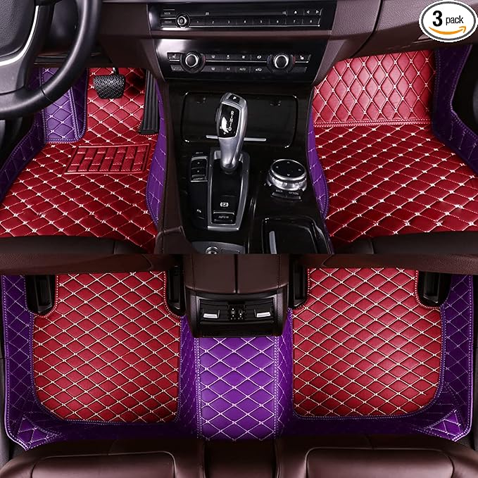 Custom Fit Car Floor Mats - Full Coverage Automotive Leather Floor Liners for Most Vehicles by MingyunSM (red & Purple)