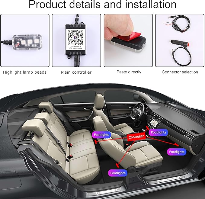 Car Ambient Lighting Kit 64 Colors Multicoloured Music Footwell Lighting RF Remote + APP Control Car DIY Decorative Atmosphere Lighting DC 12V 1W