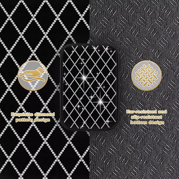 Bling Center Console Cover with 2 Side Pockets Fit for 4Runner Multi-Functional Car Armrest Cushion Diamond-Studded Rhombus Pattern Style(Black&Silver Diamond)