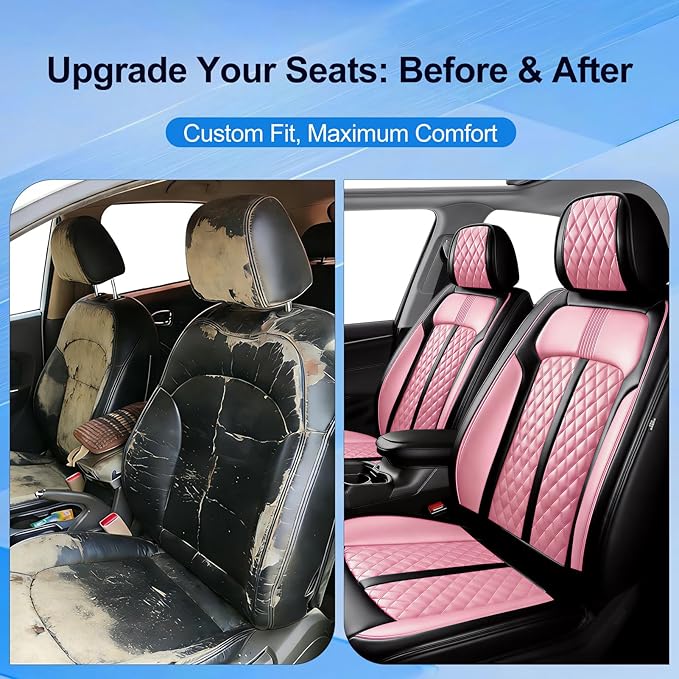 Fit Malibu Car Seat Covers for Chevrolet/Chevy Malibu 2009-2025, Full Coverage Leather, Airbag Compatible, Waterproof All Weather Breathable Seat Cushion Protector, Front Pair Black+Pink