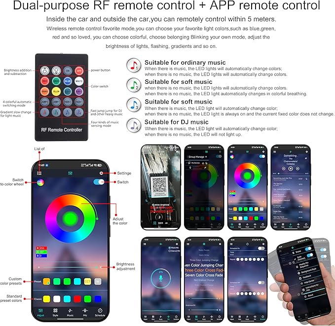Car Footwell Interior Atmosphere Lights, Multicolor RGB Car Ambient Lighting Kit, DIY Mode Sound Active Music Sync, RF Remote Control + APP Control DC 12V