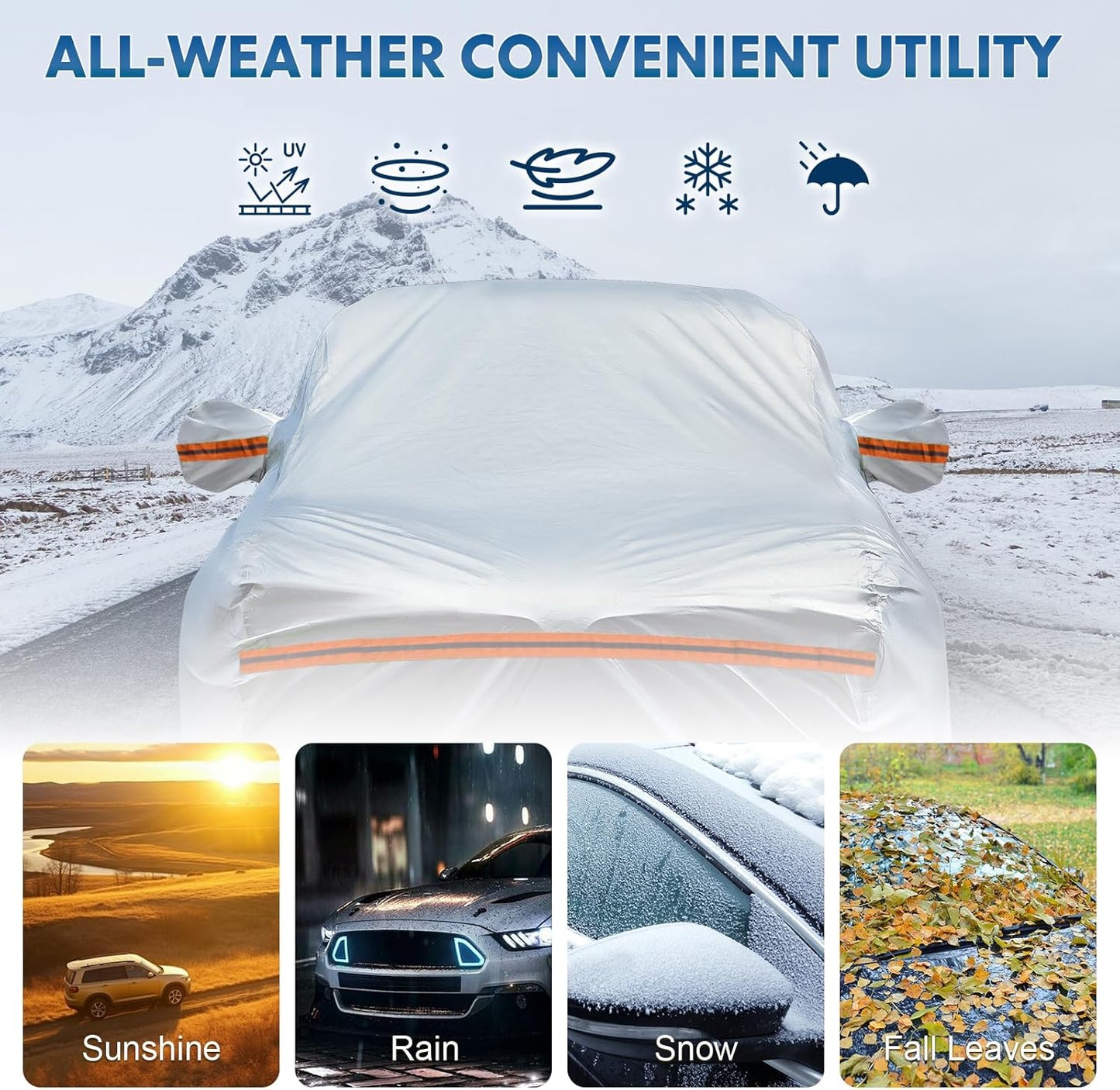 KEYOOG 6-Layer Full Car Cover is All-Weather Waterproof, Universal in All Seasons, Snow Prevention, Rainproof, Acid Rainproof, Sunscreen, Ultraviolet-Proof, Fit SUV 205"-216" Orange Reflective Strip
