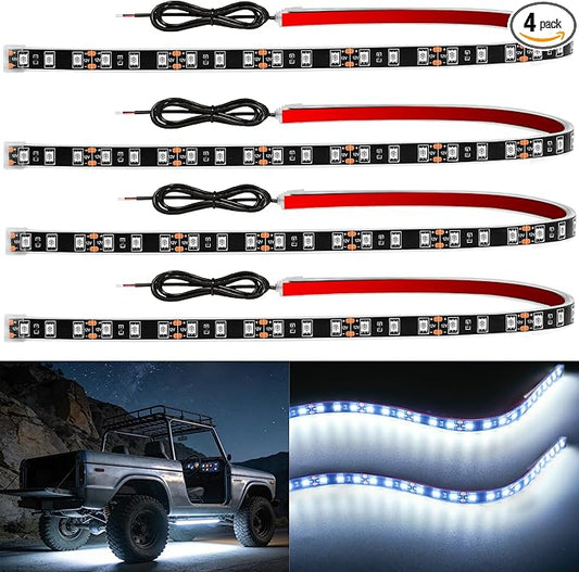 YM E-Bright 4Pcs Led Strip Lights for Car, 24inch Waterproof IP68 Car Underglow Strip Lights Decoration 36SMD 12V Led Interior Exterior Lights Strip for Cars Motorcycles Truck Golf Cart Boat - White