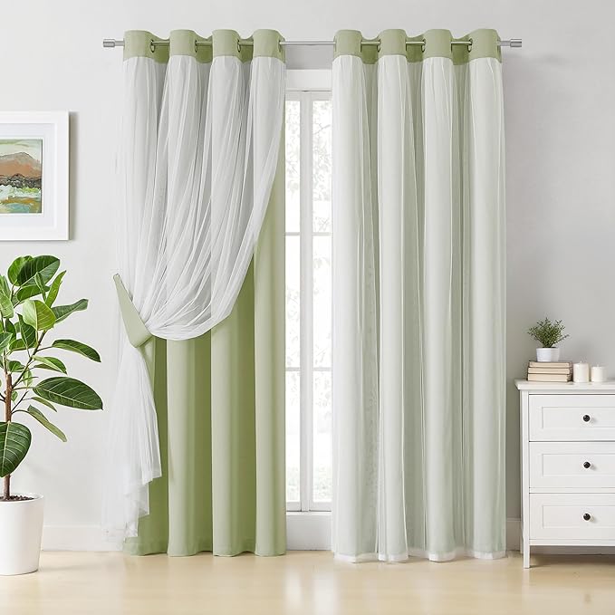 Bujasso Sage Green Blackout Curtains with Sheer Overlay Mix and Match Double Layer Thermal Insulated Window Panels 84 inch for Living Room Bedroom Green Drapes with Tiebacks Grommet Top 54" Wx84 Lx2
