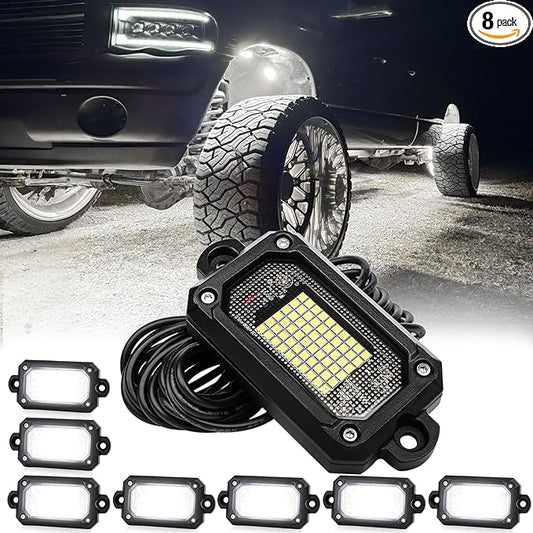 Rock Lights 60 Chip 6500K 8pcs Aluminum Housing Pure White Rock Lights for Trucks Jeep UTV ATV SUV Cars with 15FT Wire Harness