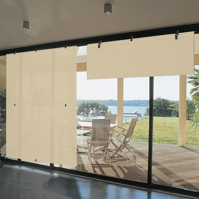 Bynbbur 7'W x 13.5'H Outdoor Patio Shades Foldable Roller Blinds, 220 GSM Sun Shade Roll Up Porch Screens Exterior Shade Cloth for Deck Pergola Backyard, Beige