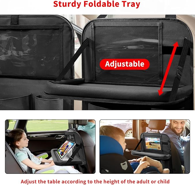 Car Backseat Organizer with Tablet Holder, 6 Storage Pockets Foldable Table Tray Seat Back Protectors Kick Mats Travel Accessories, 2 Pack Black
