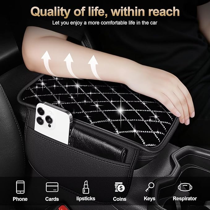Bling Center Console Cover with 2 Side Pockets Fit for Camry Multi-Functional Car Armrest Cushion Diamond-Studded Rhombus Pattern Style(Black&Silver Diamond)