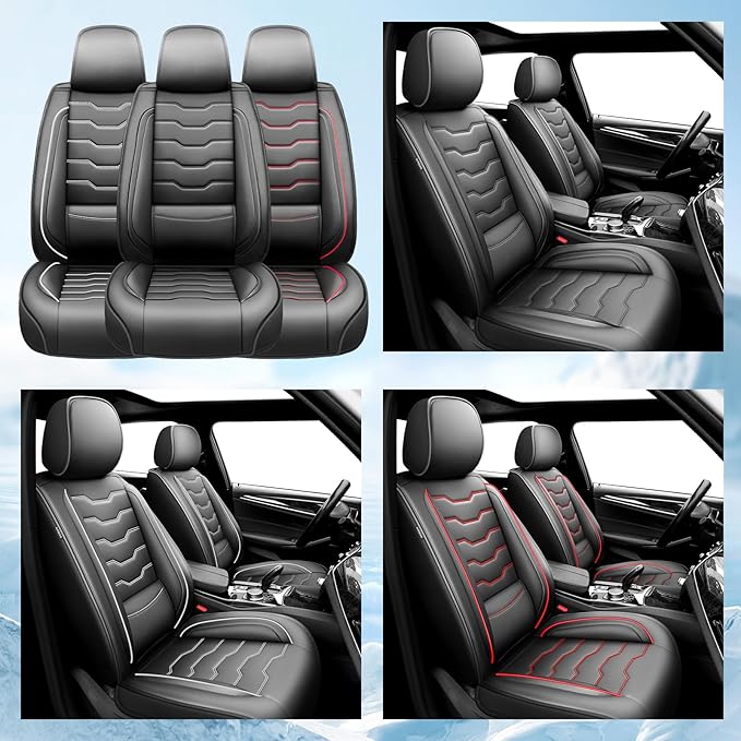 Fit Sonata Car Seat Covers Premium Leather for Hyundai Sonata 2007-2025 2026. Waterproof， Breathable, Scratch-Resistant & All-Weather Seat Cushion Protector（Full Set,White Line Black