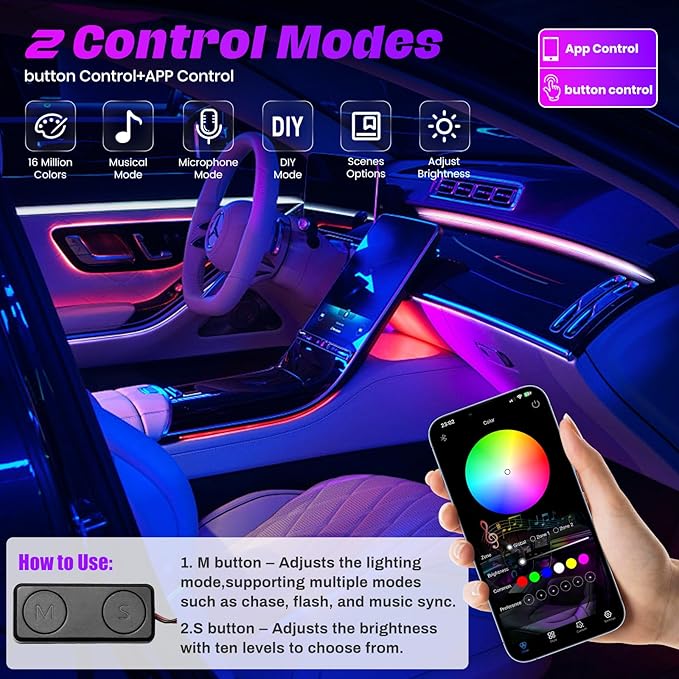 KENANEK Ambient Lighting Car Interior LED Strip Lights 6-in-1, 175” Acrylic Multi-Color Car Ambient Lighting Kit with Music Sync, APP Control, Interior LED Lighting for Cars SUVs Trucks