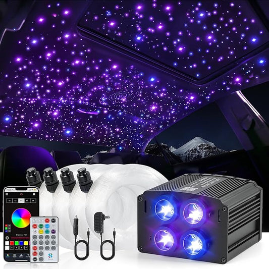 4 Colors 32W Twinkle Starlight Headliner Kit for Car Home with APP&RF Remote,RGBW 900pcs*0.03in*13.1ft Cables Fiber Optic Star Sky Roof Lights,4 Port Engine Sound Activated Car Ceiling Star Lights