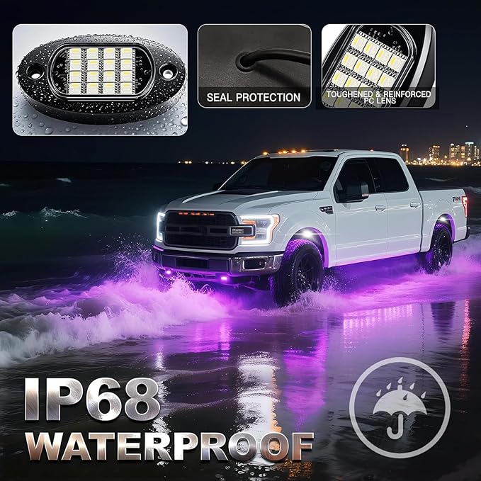 6 Pods RGBW LED Rock Lights Full Kit, 6500K Pure White (Not Mixed) & RGB Underglow for UTV Golf Cart ATV RZR SXS Trucks, App/RF Remote Smart Brake Music Sync, Waterproof Neon Underbody 12V
