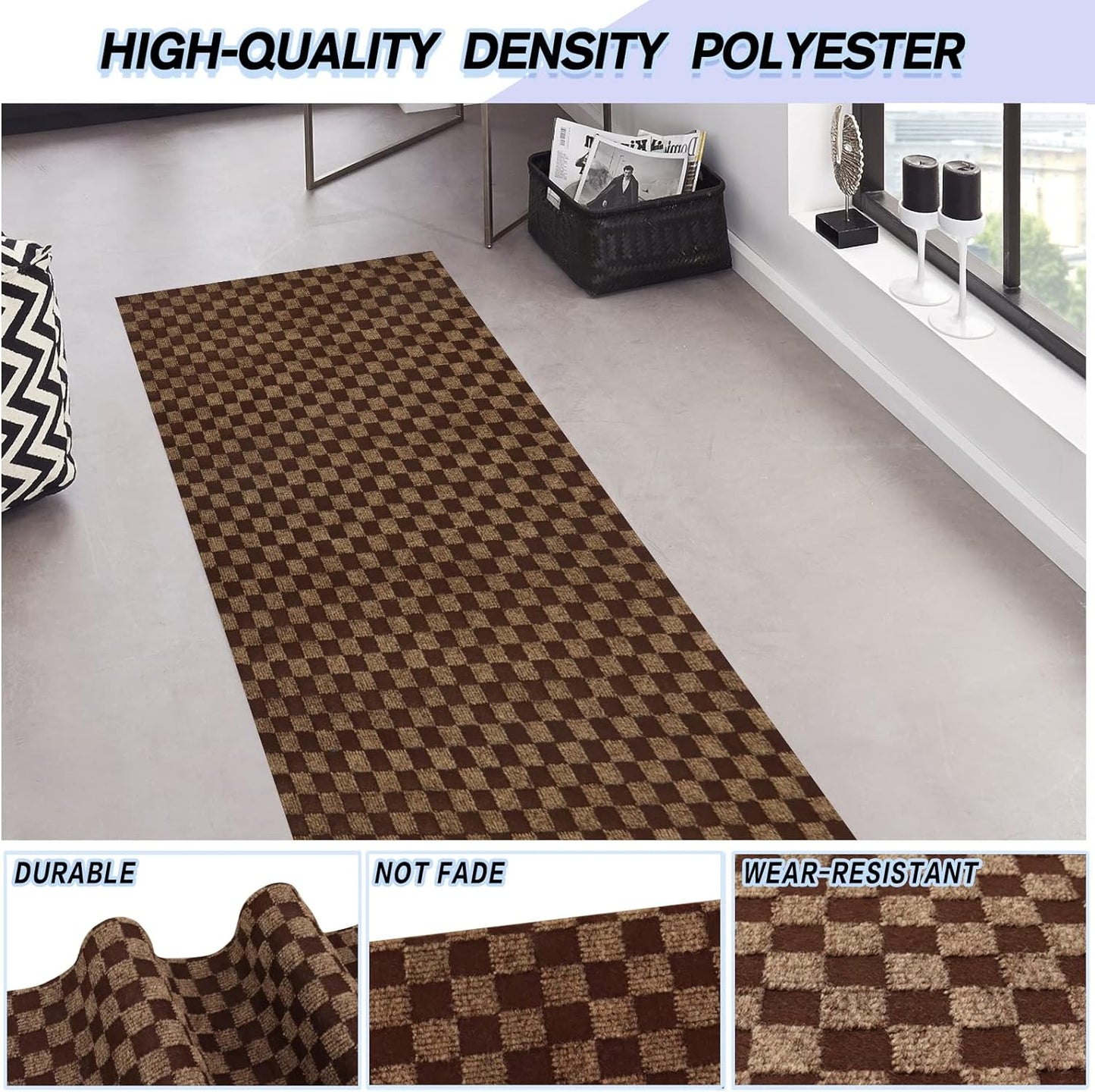 Custom Size Backed Non-Slip Area Rugs Runner, Easy Clean, Waterproof Runner Rugs for Hallway Entryway, Kitchen, Laundry, 4FT x 8FT, Brown Checkered