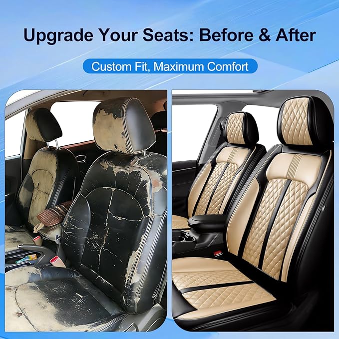 Fit Blazer Car Seat Covers for Select Chevrolet/Chevy Blazer 2019-2026, Premium Full Coverage Leather, Airbag Compatible, Waterproof All Weather Seat Cushion Protector, Front Pair Black+Beige