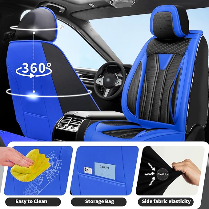 Fit Prius Car Seat Covers for Toyota Prius 2001-2025 2026 -Full Set Premium Leather, Waterproof, Breathable，All-Weather Seat Cushion Protecto & Airbag Compatible, 5-Seats Blue & Black