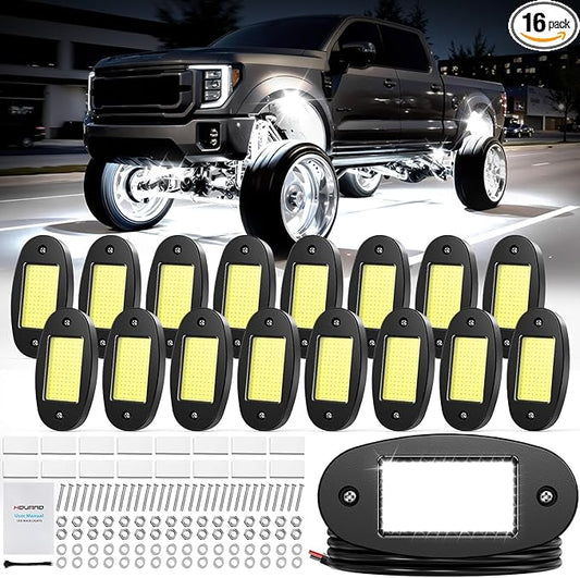 Hovano 16 Pods COB White Rock Lights, 120 COB Chips 6500K Pure White Super Bright Neon Underglow, IP68 Waterproof Shockproof Off-Road Light Kit for Pickup Trucks, SUV, UTV, ATV, RZR, Cars Boats