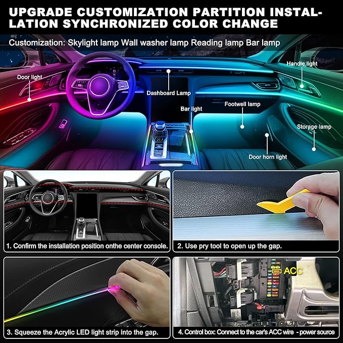 Dreamcolor Acrylic Interior Car LED Strip Light with Wireless APP, RGB 22 in 1 with 175 inches 600 LEDs Fiber Optic Car Ambient Lighting Kits, Music Sync Function Neon LED Strip for Car Accessories