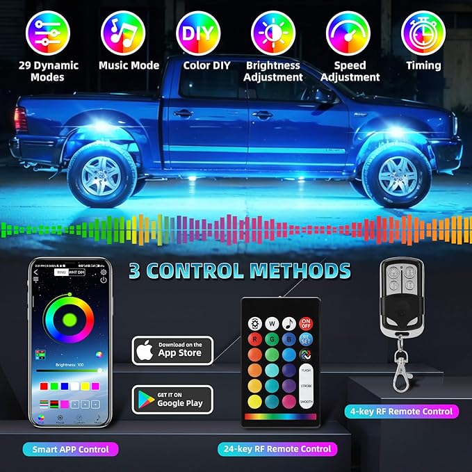 20 Pods Segmented RGB LED Rock Lights for Semi Trucks Offroad Pickup Trailer RV SUV Boat, 12V Waterproof Multicolor Neon Underglow Kit with APP/RF Control Red Brake Sync Music Vehicle Underbody Light