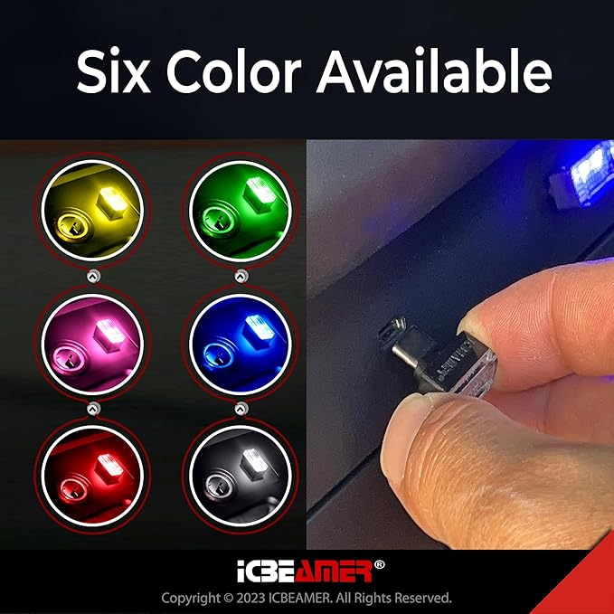 ICBEAMER Type C Adapters Atmosphere Light 2-Pack (Yellow) | Universal Plug-in Miniature LED Night Light for Car Interior and Trunk Ambient Lighting Solution