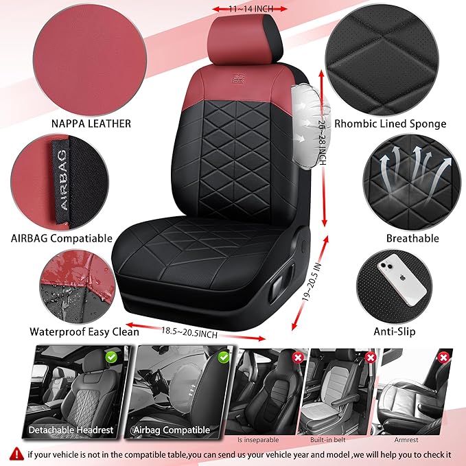 CAR PASS Nappa Leather Seat Covers for Car, Waterproof Seat Covers Full Set, Luxury 3D Rhombus Lined Sponge Airbag Compatible Universal Fit for Automotive SUV Truck Pickup Sedan, Black Red
