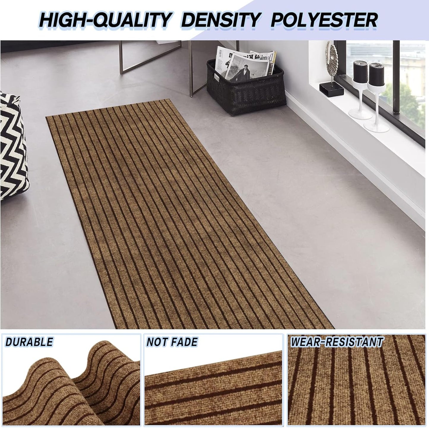 Custom Size Backed Non-Slip Area Rugs Runner, Easy Clean, Waterproof Runner Rugs for Hallway Entryway, Kitchen, Laundry, 3FT x 36FT, Brown Stripe
